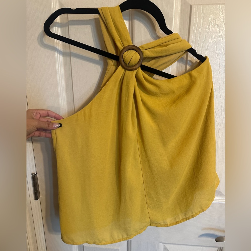 Love on a Hanger Beautiful Halter Top w Wood Ring Accent, Mustard Yellow, Sz L